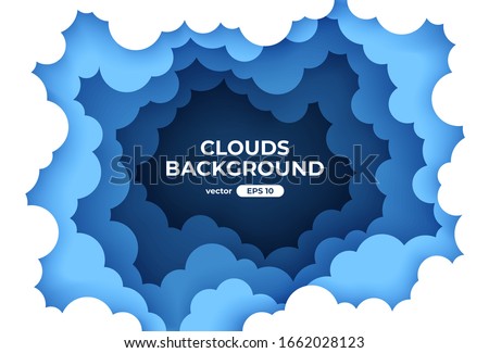 Clouds circle frame. Blue sky with white clouds background. Round border of clouds. Paper cut. Simple cartoon design. Banner, poster, flyer template. Flat style vector eps10 illustration. 
