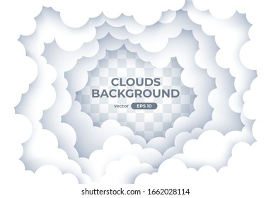 Clouds circle frame. Sky with white clouds background. Round border of clouds. Paper cut. Simple cartoon design. Banner, poster, flyer template. Flat style vector eps10 illustration. 