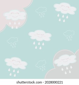Wolken mit geschlossenen und offenen Wimpern mit Regen auf grünem Hintergrund auf Muster und Hintergrund, Vektorgrafik.
