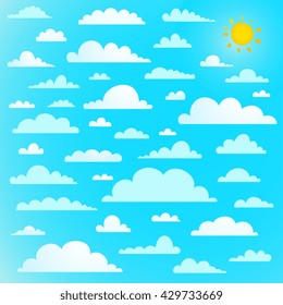 Clouds collection on blue sky with sun. Clouds on bright blue sky with sun, vector illustration