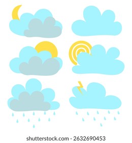 Clouds collection on white background. Set of clouds in different shape. Cloud vector illustration, weather icon.