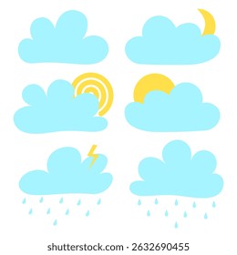 Clouds collection on white background. Set of clouds in different shape. Cloud vector illustration, weather icon.
