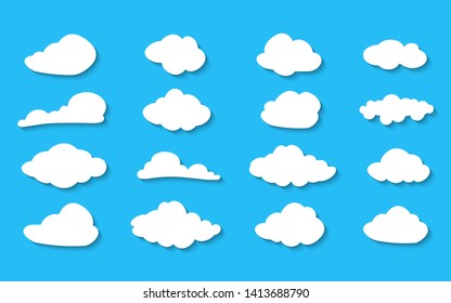 Clouds collection Vector illustration. White cloudy set isolated on blue background. White clouds of different shapes. Blue Cloud icon, cloud shape. Set of different sky.