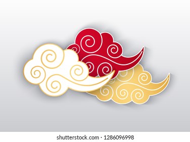 Clouds colored Chinese style line art isolated icon with shade vector. Decorative curly paper air element, blowing wind moving sky, oriental traditional decor