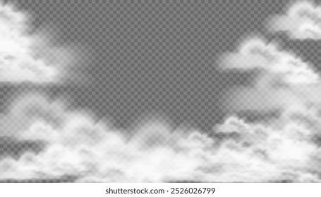 Composición de nubes sobre fondo png transparente oscuro. Ilustración vectorial de stock en estilo realista.