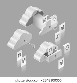 Clouds computing electronics connection, hosting server database network and cloud service icons infographics, isolated vector illustration on gray background. 