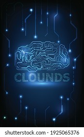 Clouds computing technology includes brain processing unit connect with tech circuit line network.Vector illustration.