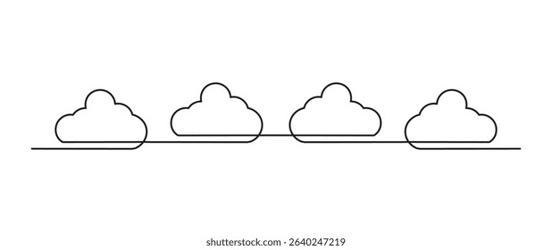 Clouds in continuous line art style in continuous line drawing style. Minimalist clouds sketch in black linear sketch isolated on white background. Vector illustration