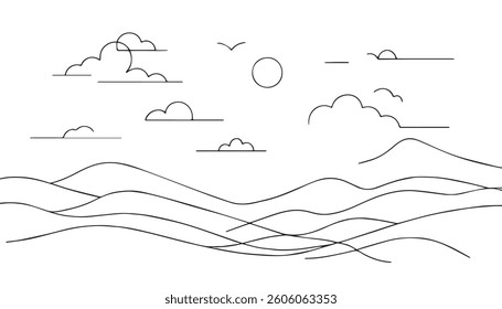 Clouds continuous line art vector. Cloudy weather concept