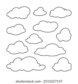 Nubes, Ilustración vectorial lineal contorneada dibujada en blanco y negro en estilo doodle, cómic. Elemento gráfico en blanco decorativo para el diseño con texto, decoración. Sueños aireados, pensamientos.