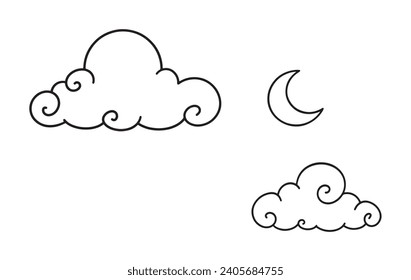 Clouds in curly style. Decorative asian clouds for festive designs. Illustration with simple doodle clouds and moon. Vector illustration isolated in white background. 