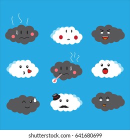 Clouds cute emoji, emoticons faces set. vector illustration. 