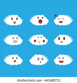 Clouds cute emoji, emoticons faces set. vector illustration. 