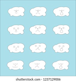 Clouds cute emoji, smily emoticons faces set