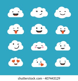 Clouds cute emoji, smily emoticons faces set