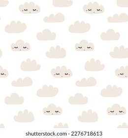 Clouds with cute faces seamless pattern on white background. Hand drawn vector illustration. Scandinavian style flat design. Concept kids textile, fashion print, bedroom wallpaper, package.