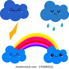 Clouds with different emotions. Cute cartoon characters. Rainbow lightning and rain. Weather and nature concept objects on white background.
