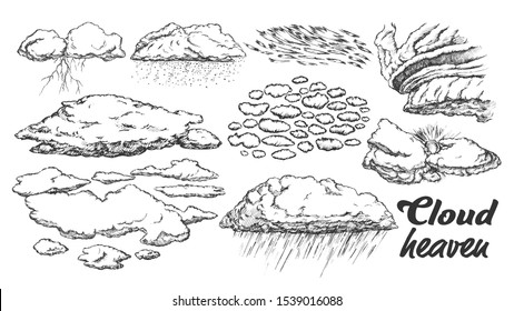 Clouds In Different Weather Set Monochrome Vector. Collection Of Rainy, Stormy And With Lightning, Sunny And Snowy Engraving Concept Template Designed In Vintage Style Black And White Illustrations