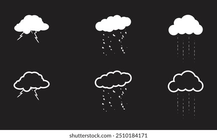 Nuvens com vetor meteorológico diferente 
 ou conjunto de ícones. dia nublado chuva, neve, trovoada, luz de arco-íris. nuvens com chuva ou dia chuvoso.