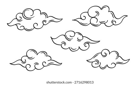 Nuvens Doodle Mão Desenhado Chinês Estilo Coleção Contorno Ilustração Vetor. Conjunto de Vetores