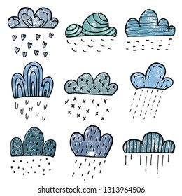 Clouds doodle set in hand drawn style. Weather doodle vector set. Wallpaper drawing. Childish vector illustration. Paper texture. Cloud icon shape. Baby print.