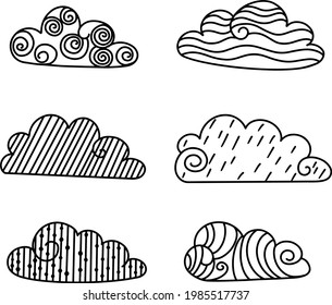 Clouds doodle set in hand drawn style. Weather background. Arrow icon. Creative line art illustration, outline sketch.