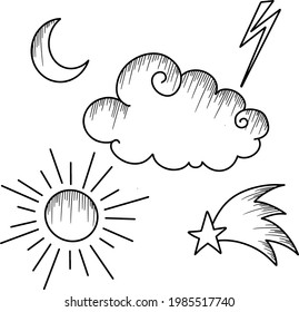 El doodle de nubes es de estilo dibujado a mano. Fondo del clima. Icono de flecha. Ilustración de arte de línea creativa, esbozo de esquema.