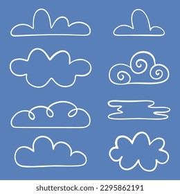 Clouds in doodle style. Cloud and meteorology concept. Collection of different clouds isolated on white background. Vector illustration