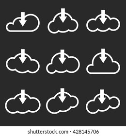 Clouds download, black background. Cloud download icon. Cloud download signg. Vector illustration