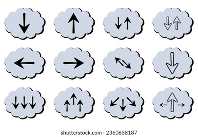 Descarga de nubes. Conjunto de iconos para web, negocios. Nubes vectoriales negras y grises con flechas. Botones de envío