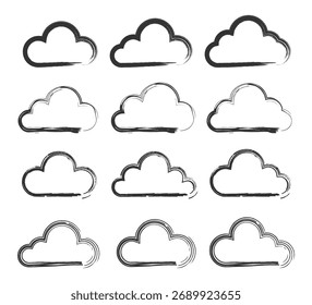 As nuvens são desenhadas de forma estilizada, com algumas parecendo mais macias e outras mais sólidas. Vetor. 