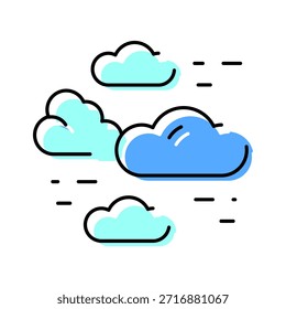 Las nubes a la deriva a través del cielo, representadas con contorno negro y relleno azul en un estilo de dibujos animados simple y plano, que sugiere condiciones de movimiento y viento ligero