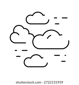 Nubes a la deriva a través de un fondo blanco con arte minimalista de línea negra que muestra el viento y el movimiento, ícono plano simple para conceptos de Clima, pronóstico, ui o clima
