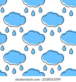 Clouds and Drops Seamless pattern with blue fill not along contour. Rainy weather background texture