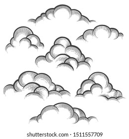 Clouds engraving illustration. Nature line art sketched decorative cloud set vector illustration, clouds vintage sketch elements, cloudy heaven gates illustration