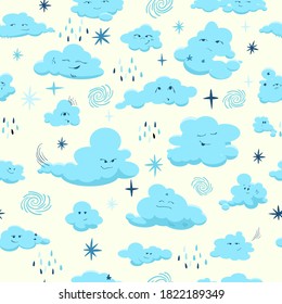 Clouds with eyes, smile, cute faces, hand-drawn cartoon, doodles