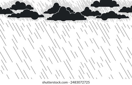 Clouds and falling rain. Rain drops on transparent background. Falling water drops. 