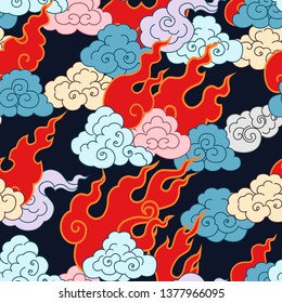 
Clouds and flame forks on a black background.
Vector seamless pattern.