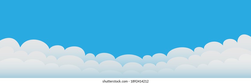 Clouds flat design. White cartoon clouds on blue sky background. Good weather template for poster, banner or advertisement. Summer or heaven concept. Vector illustration.