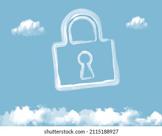 Clouds floating in the blue sky and cloud-shaped padlocks, keys