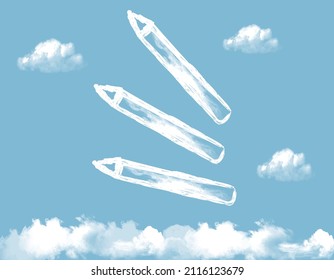 Clouds floating in the blue sky and cloud-shaped pencils