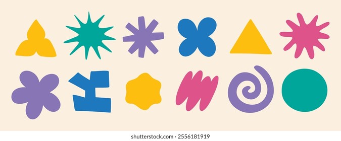 clouds and flower shapes sticker doodle retro set. Groovy funky flower, bubble, star, loop, waves trendy retro 90s 00s cartoon style. Vector illustration