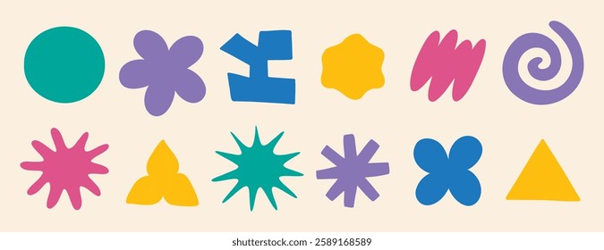 clouds and flower shapes sticker doodle retro set. Groovy funky flower, bubble, star, loop, waves trendy retro 90s 00s cartoon style. Vector illustration