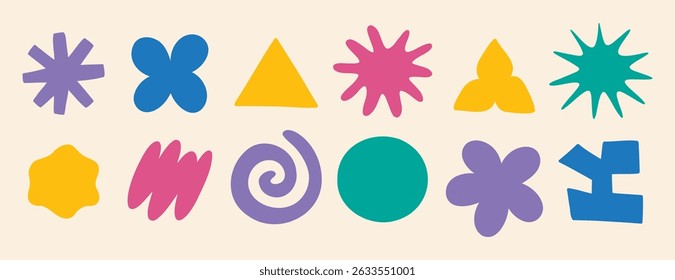 clouds and flower shapes sticker doodle retro set. Groovy funky flower, bubble, star, loop, waves trendy retro 90s 00s cartoon style. Vector illustration