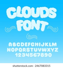 Clouds Fluffy Font. Cloudy Sky Alphabet. Cartoon Azure Letters and Numbers.