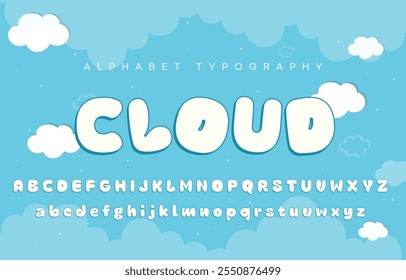 Clouds Fluffy Font. Comic Cloud Bubble Cute Typography Set of Alphabet Letters. 