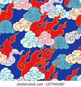 
Clouds and forks of flame on a blue background. Vector seamless pattern.