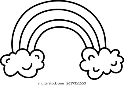 Nuvens emolduram um arco-íris de três bandas em um estilo de desenho de linha simples.  Formas fofas sorridentes bordam uma faixa espectral arqueada de luz. Ilustração de vetor de desenhos animados