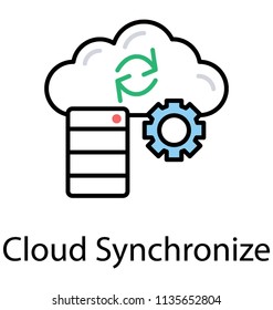 
Clouds, gears, reversing arrows and a database all connected to make icon for cloud synchronization 
