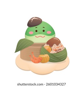 Clouds and green snake cartoon character, graphic design and illustration to celebrate Dragon Boat Festival